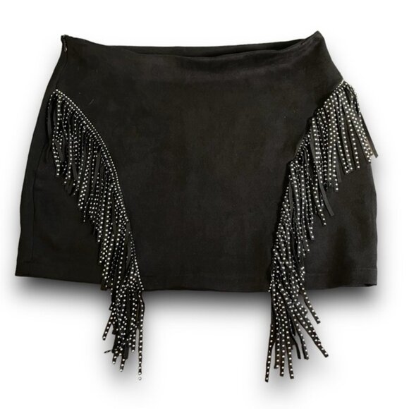 Black Faux Suede Western Mini Skirt Metallic Beaded Fringe Cowgirl Rocker Sz L - Picture 1 of 12